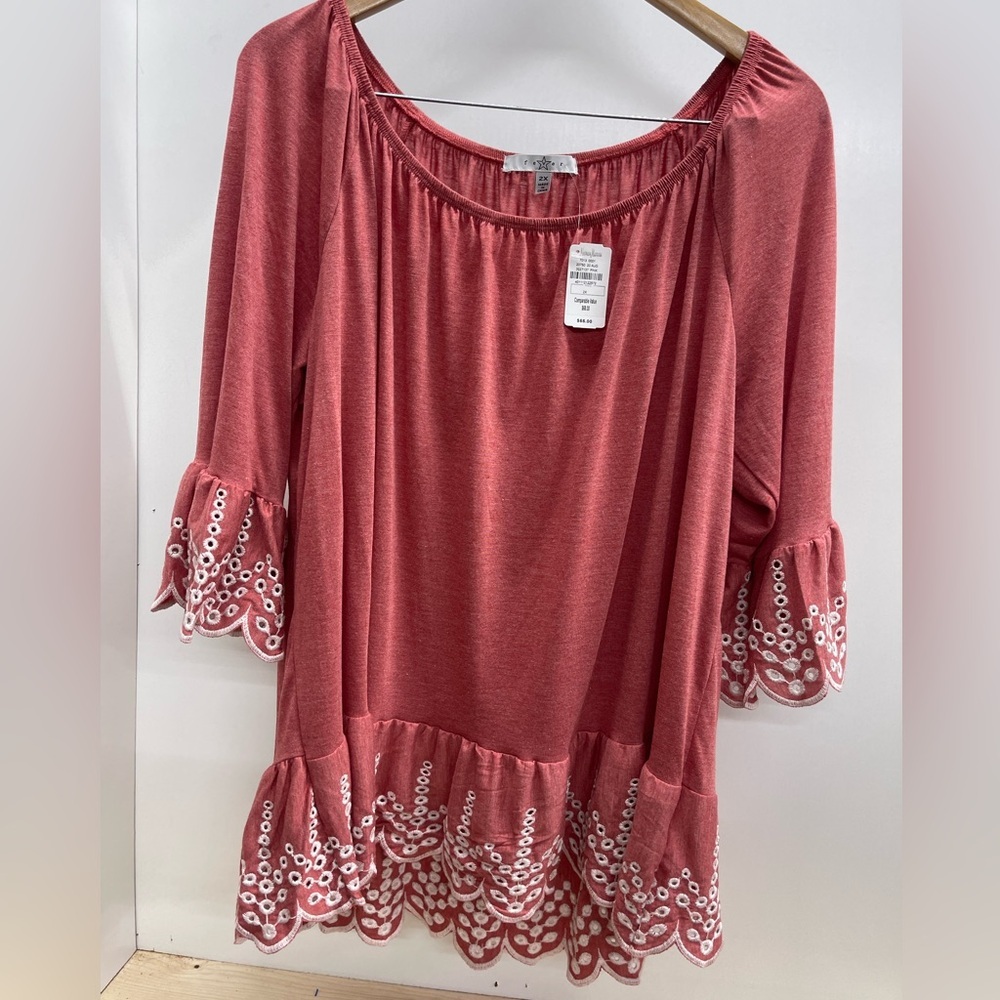 Fever Coral Blouse with White Embroidery